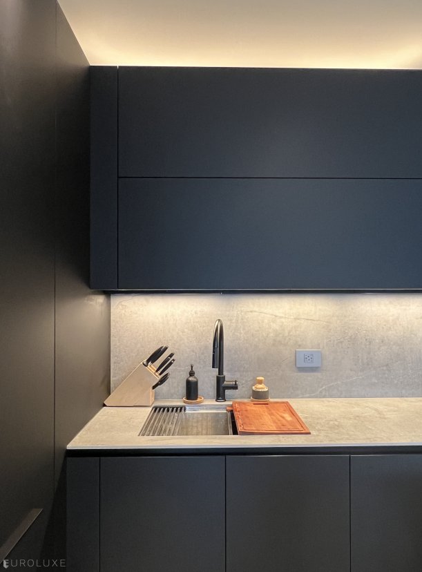 Chicago I New Eastside Highrise Kitchen - modern condo kitchen, fenix kitchen, italian cabinets