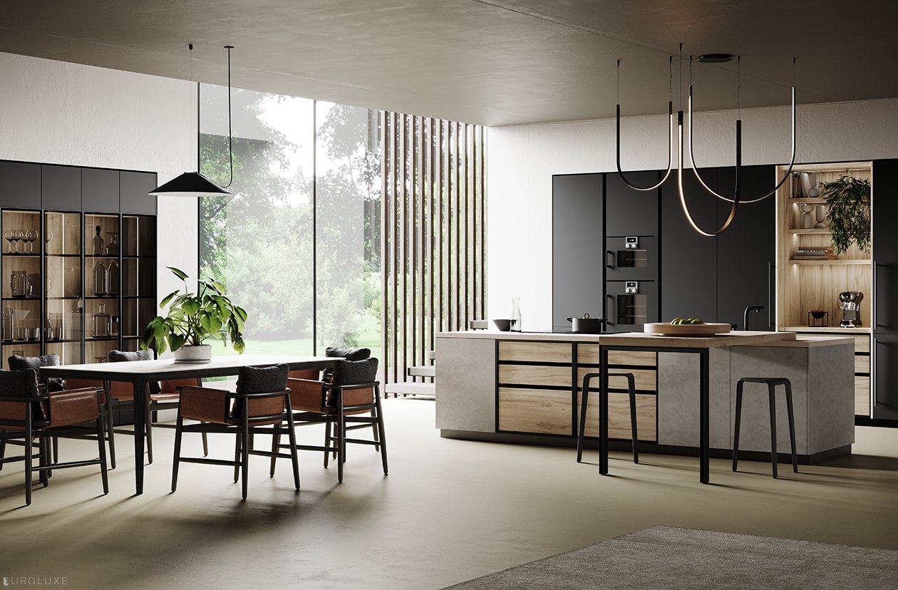 Menta Black Onyx and Scandi Oak - Miton Chicago, kitchen cabinets, black onyx, black kitchen, modern kitchen, wooden kitchen, urban interior, contemporary kitchen, european kitchen, scandi oak, kitchen Chicago, dining furniture, custom kitchen cabinets, Miton cabinets chicago, modern design, italian, Menta by Miton, minimalistic kitchen