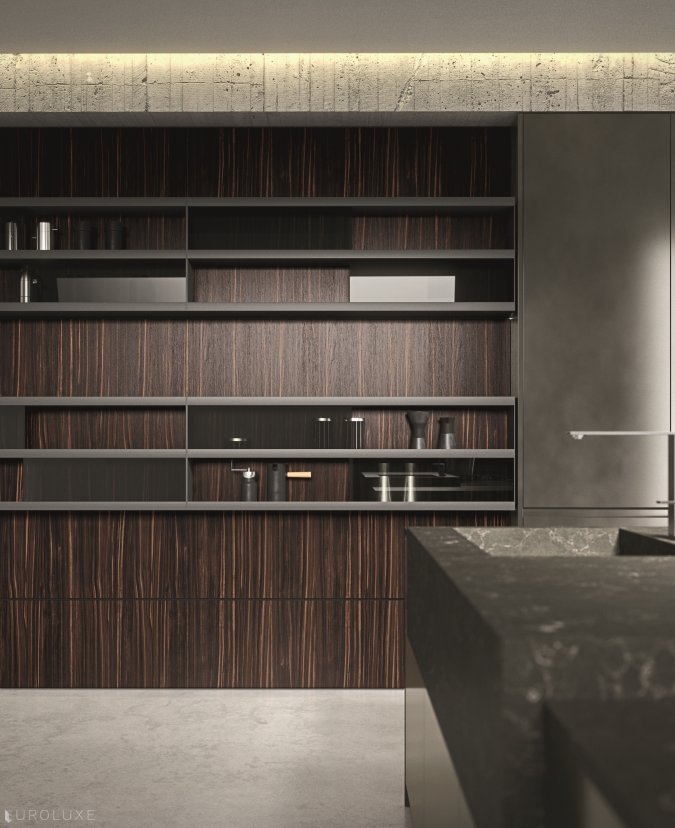 AK 05 in Ebano Opaco Veneer & Piombo Lacquer - minimalistic kitchen, modern kitchen cabinets, black kitchen, urban interior, dining furniture, arrital cabinets chicago, modern design, italian, contemporary kitchen, ak project, graphite kitchen, chicago italian cabinets, kitchen Chicago, arrital