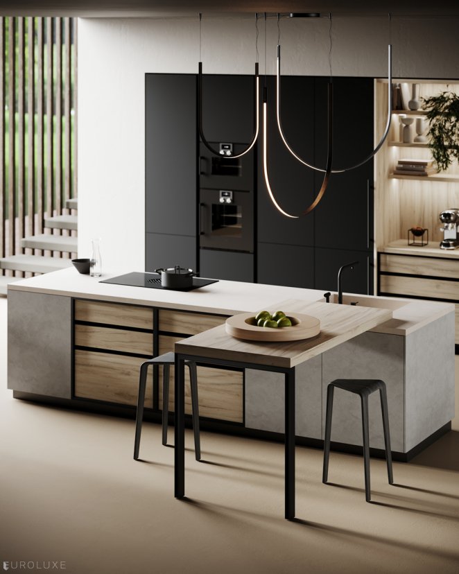 Menta Black Onyx and Scandi Oak - black kitchen, dining furniture, kitchen cabinets, Miton Chicago, kitchen Chicago, modern kitchen, italian, european kitchen, black onyx, modern design, scandi oak, urban interior, contemporary kitchen, Miton cabinets chicago, wooden kitchen, custom kitchen cabinets, minimalistic kitchen, Menta by Miton