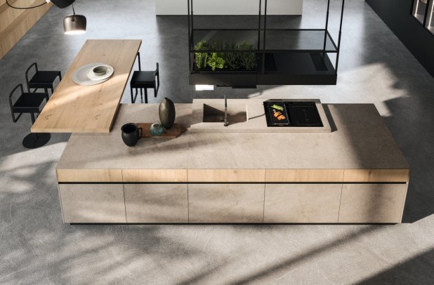 AK 04 in Biondo Veneer and Jasper Moka Stone by Arrital - urban interior, italian, modern kitchen cabinets, ak project, chicago italian cabinets, arrital, kitchen Chicago, dining furniture, modern design, arrital cabinets chicago, contemporary kitchen