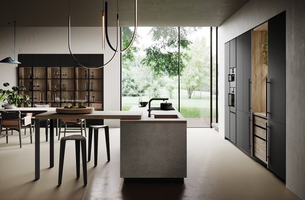 Menta Black Onyx and Scandi Oak by Miton - Menta by Miton, modern kitchen, scandi oak, black onyx, wooden kitchen, italian, dining furniture, modern design, contemporary kitchen, european kitchen, black kitchen, kitchen cabinets, Miton cabinets chicago, custom kitchen cabinets, kitchen Chicago, Miton Chicago, minimalistic kitchen, urban interior