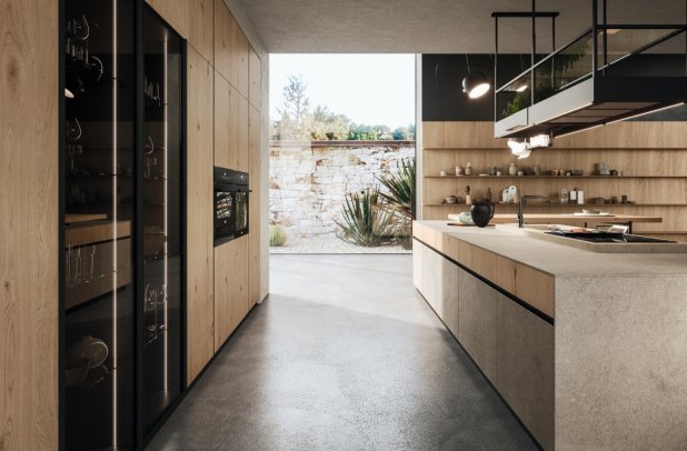 AK 04 in Biondo Veneer and Jasper Moka Stone by Arrital - modern design, modern kitchen cabinets, urban interior, dining furniture, chicago italian cabinets, arrital, contemporary kitchen, ak project, arrital cabinets chicago, italian, kitchen Chicago